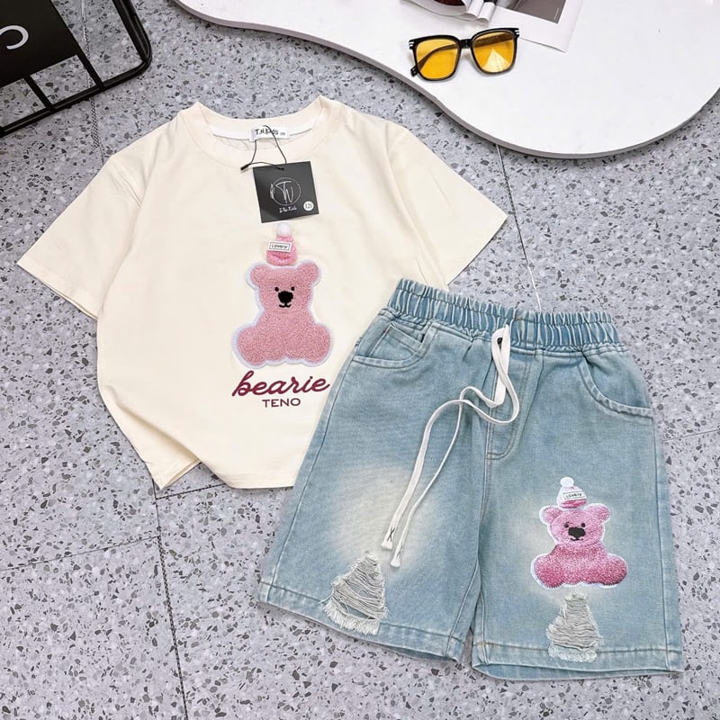 Bộ short jean bé gái gấu bông
