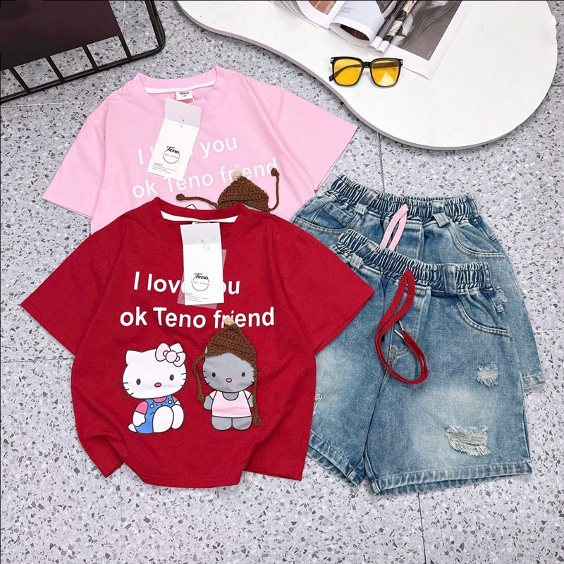 Bộ short jean bé gái Kitty Friend