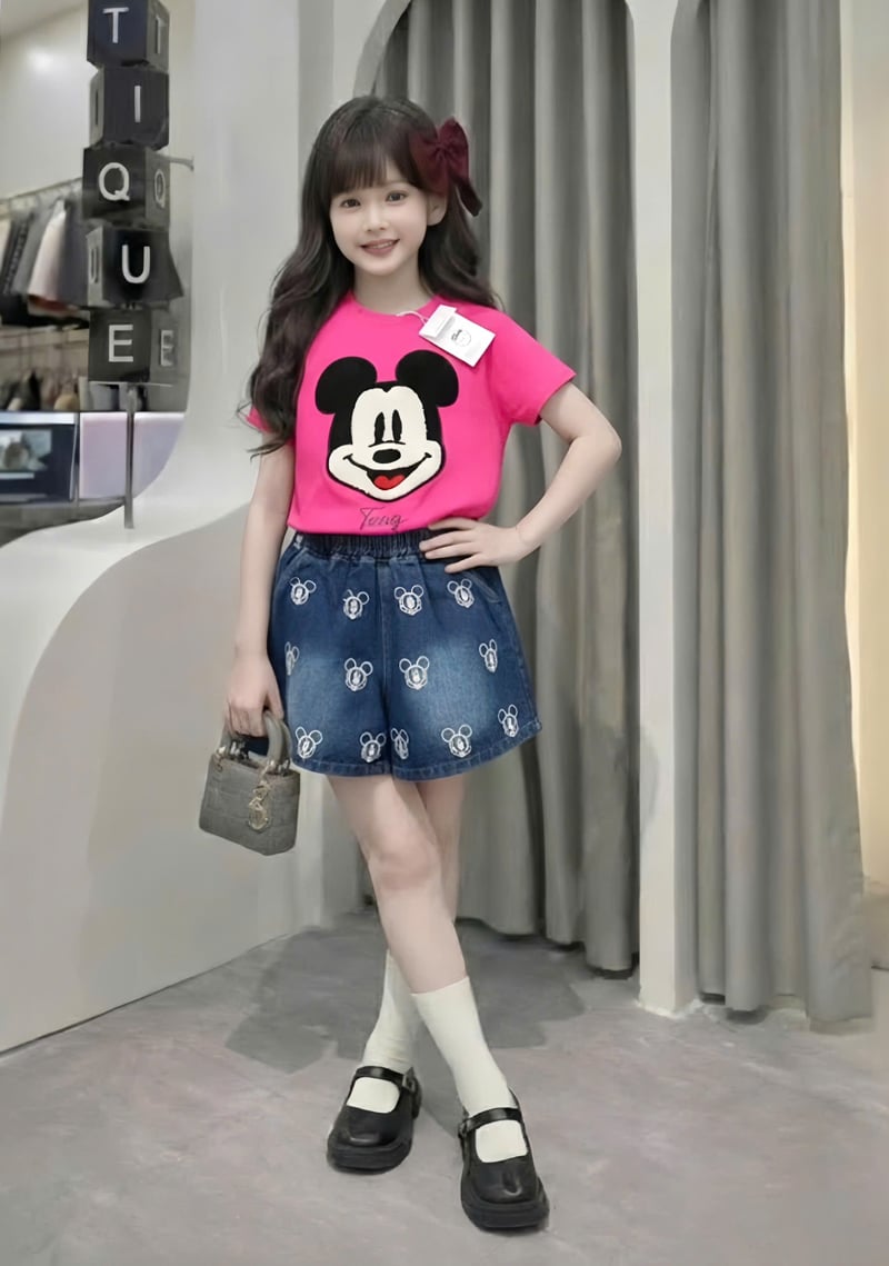 Bộ short jean bé gái Mickey lông xù
