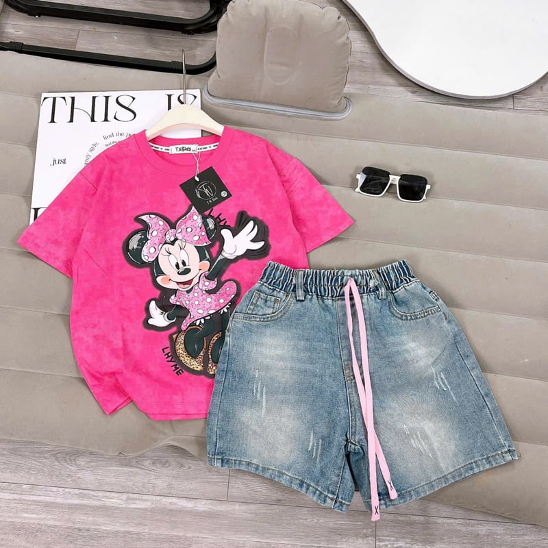 Bộ short jean bé gái Mickey nơ bi