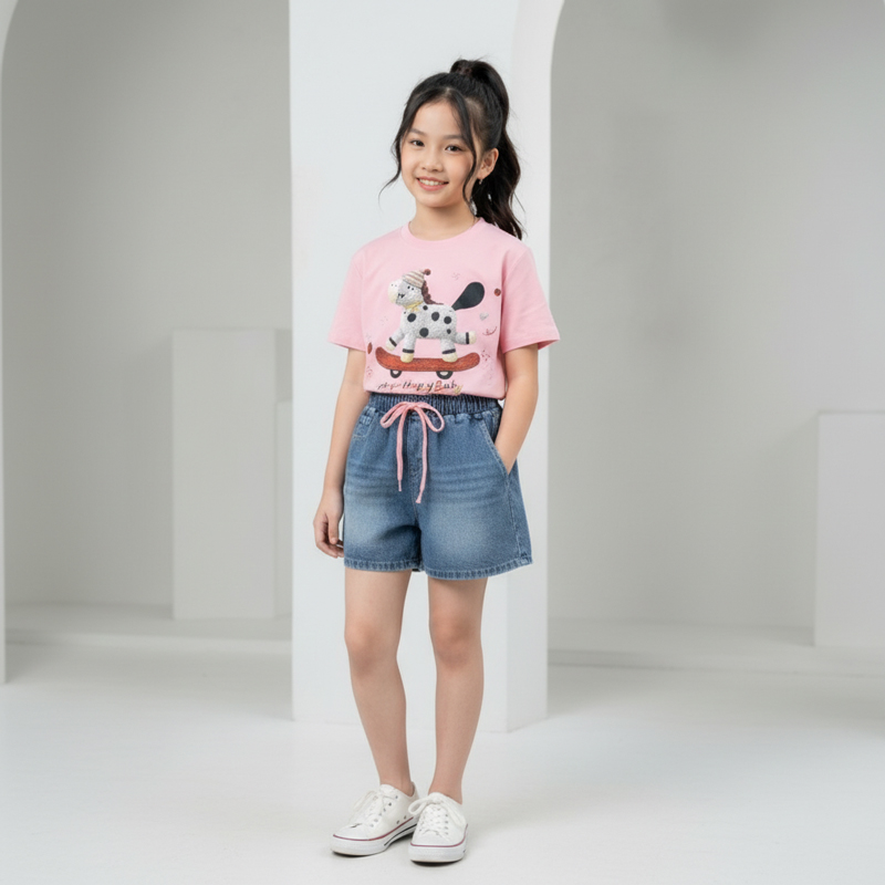 Bộ short jean bé gái ngựa Happy