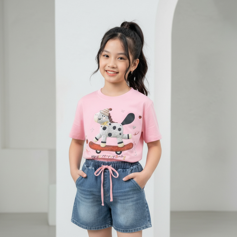 Bộ short jean bé gái ngựa Happy