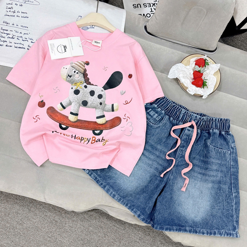 Bộ short jean bé gái ngựa Happy