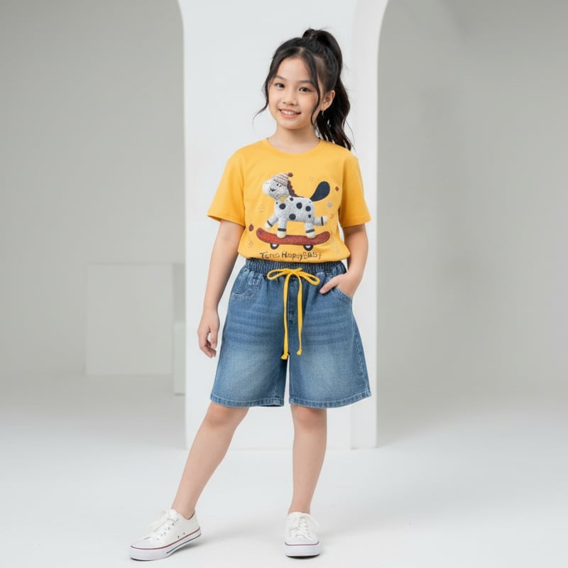 Bộ short jean bé gái ngựa Happy