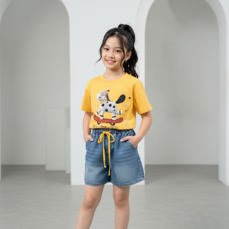 Bộ short jean bé gái ngựa Happy