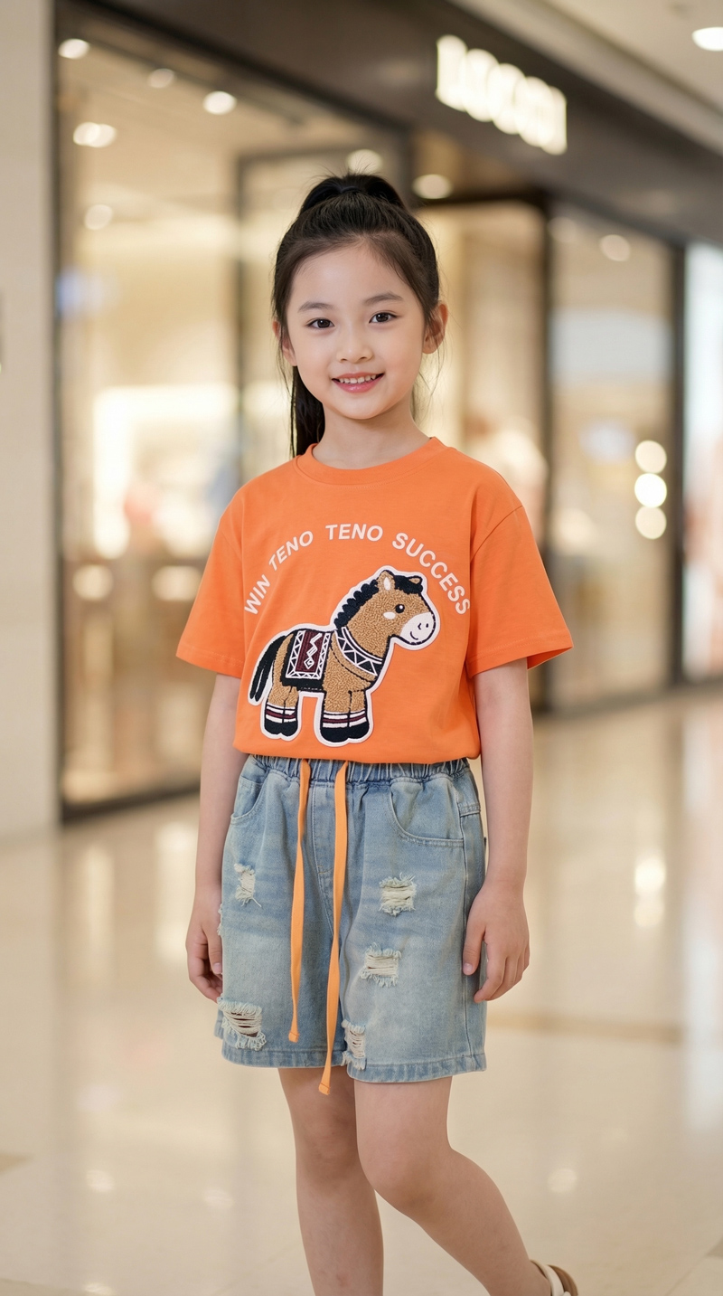 Bộ short jean bé gái ngựa xù Win