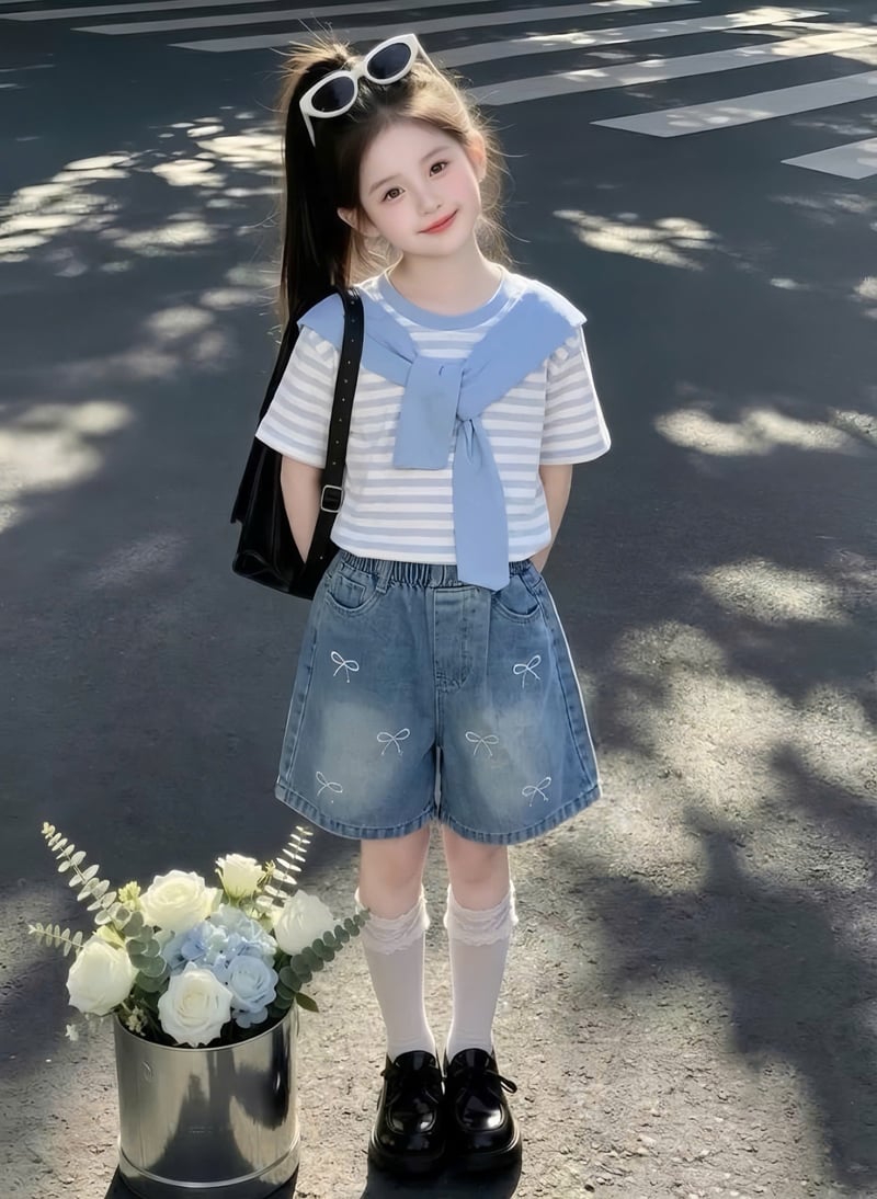 Bộ short jean bé gái nơ kèm khăn