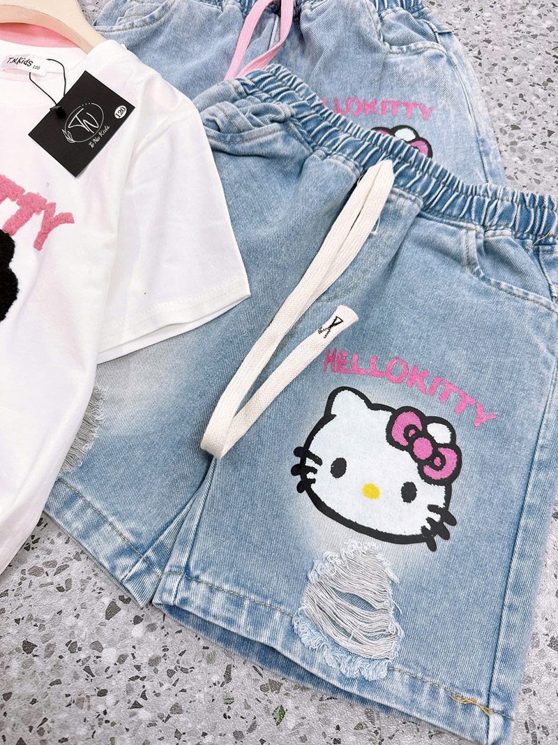 Bộ short jean bé gái thêu xù Kitty