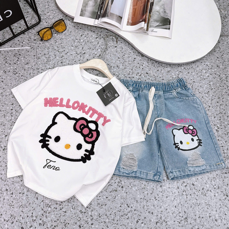 Bộ short jean bé gái thêu xù Kitty