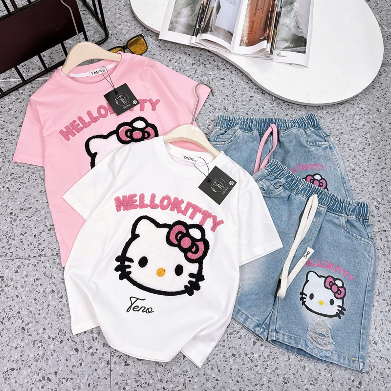 Bộ short jean bé gái thêu xù Kitty