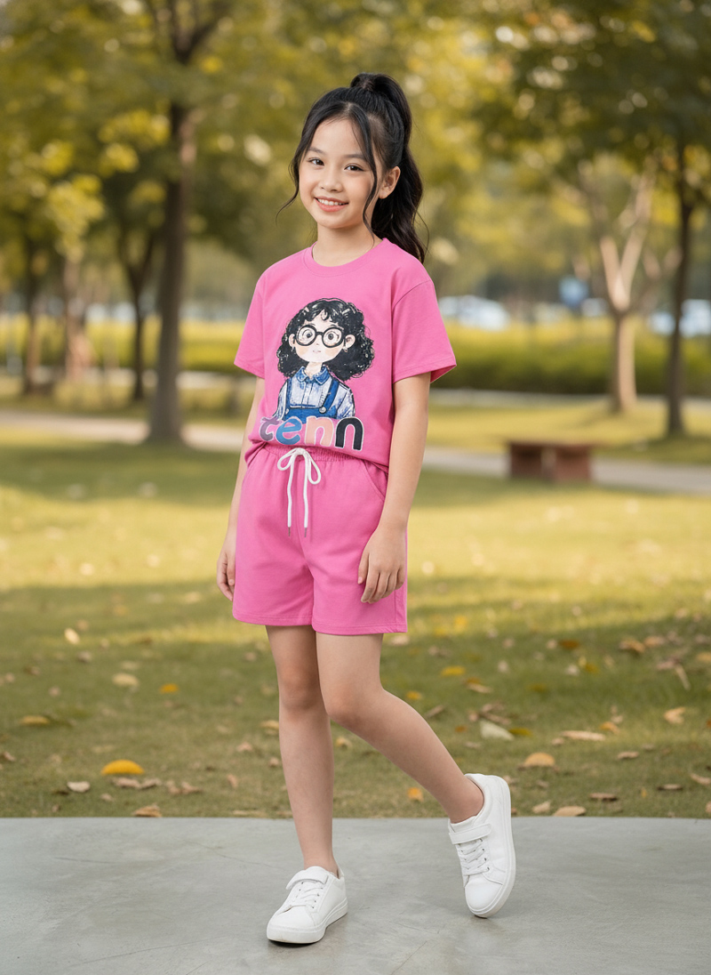 Bộ short thun bé gái cô gái tóc xù