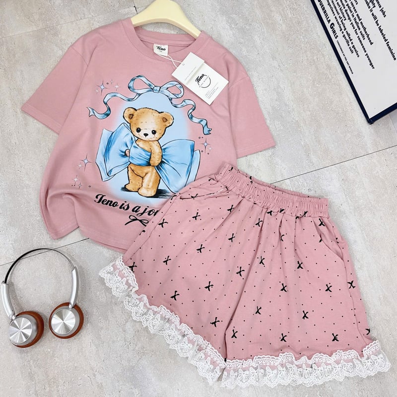 Bộ thun bé gái gấu phối ren