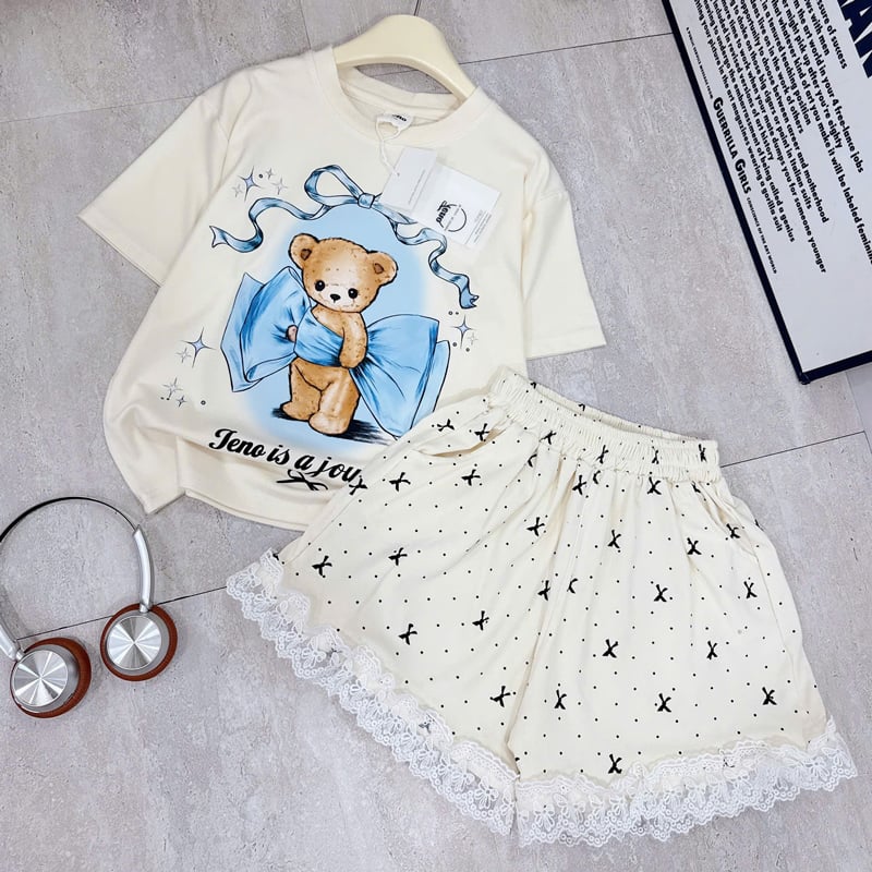 Bộ thun bé gái gấu phối ren