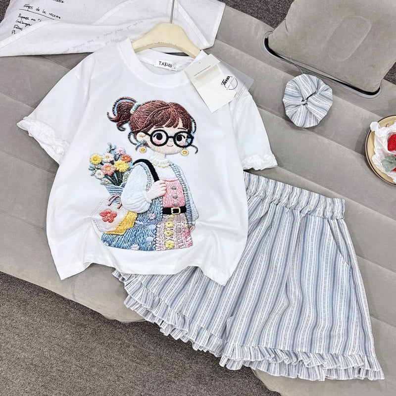 Bộ thun bé gái quần loe hình cô gái