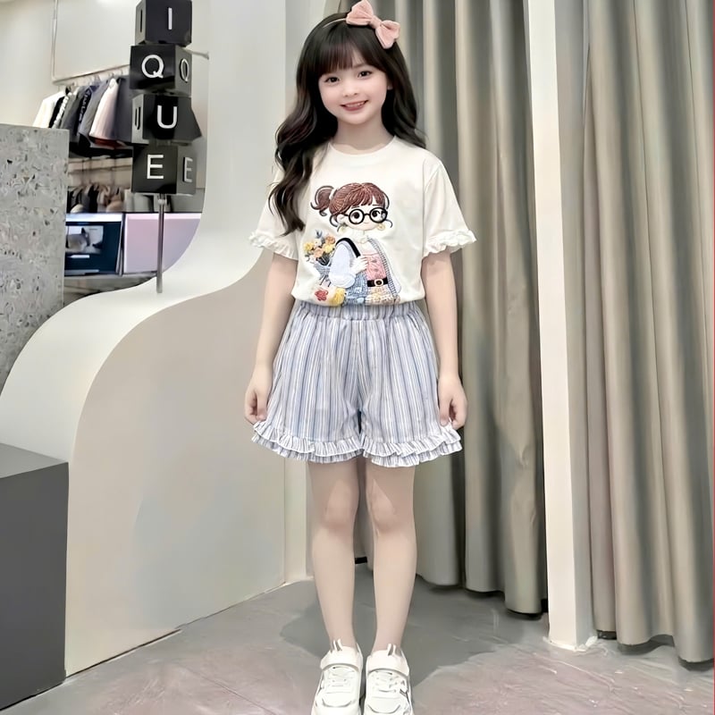 Bộ thun bé gái quần loe hình cô gái