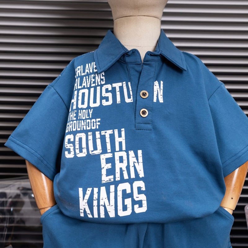 Bộ thun bé trai cổ trụ phối chữ