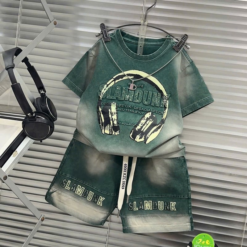 Bộ thun bé trai wash đá hình tai nghe