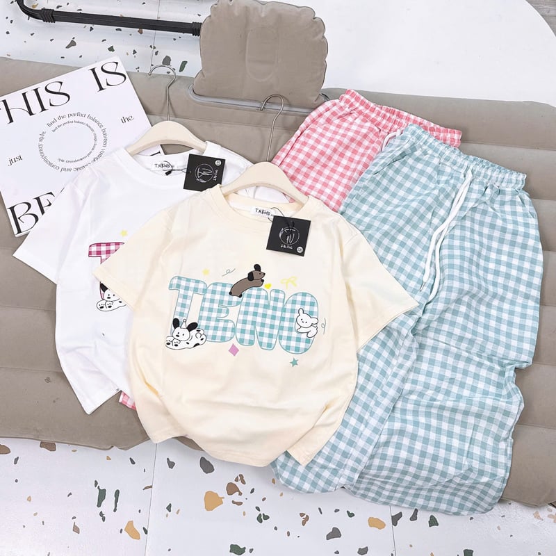 Bộ thun dài bé gái caro cún Teno