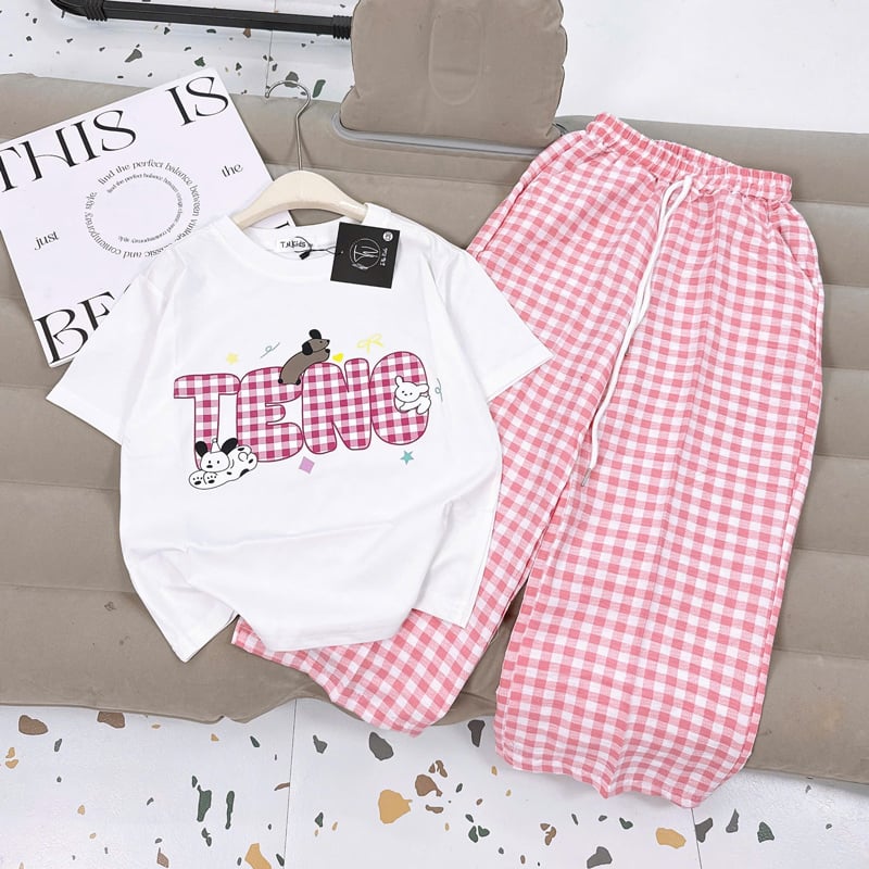 Bộ thun dài bé gái caro cún Teno