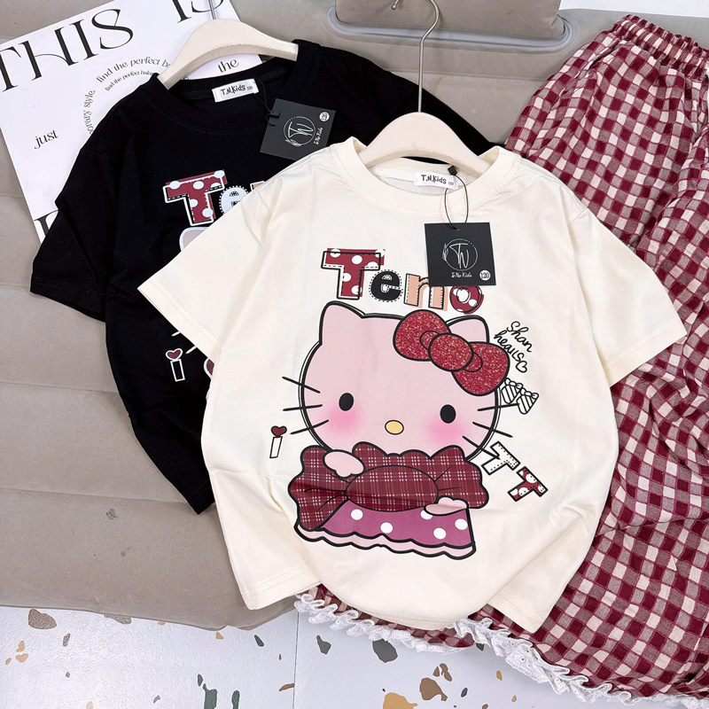 Bộ thun dài bé gái sọc caro Kitty Shan Heal