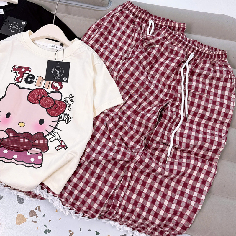 Bộ thun dài bé gái sọc caro Kitty Shan Heal