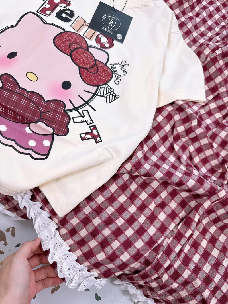 Bộ thun dài bé gái sọc caro Kitty Shan Heal