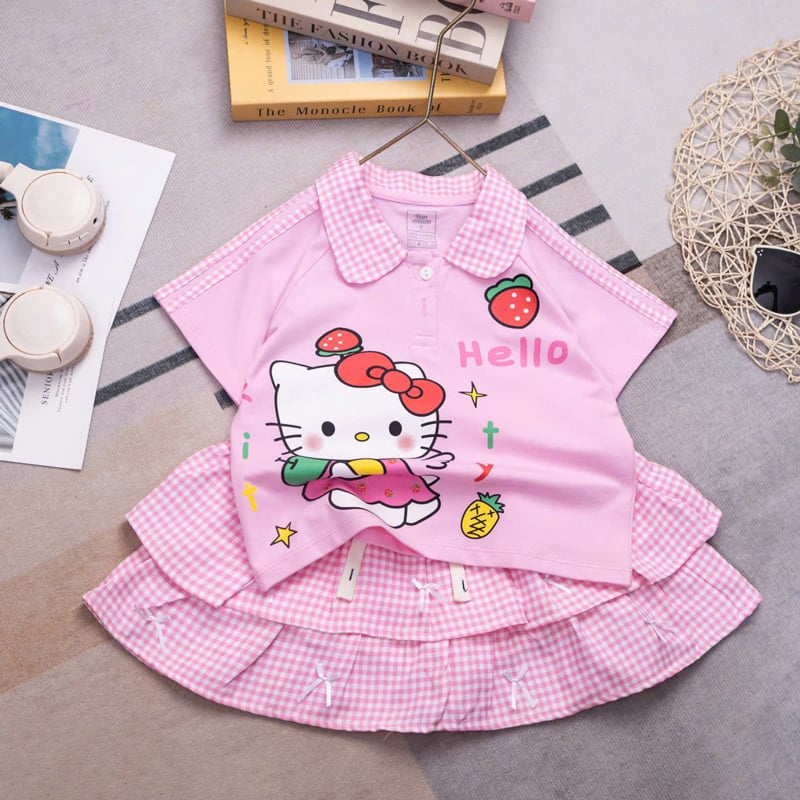 Bộ váy bé gái caro Kitty dâu