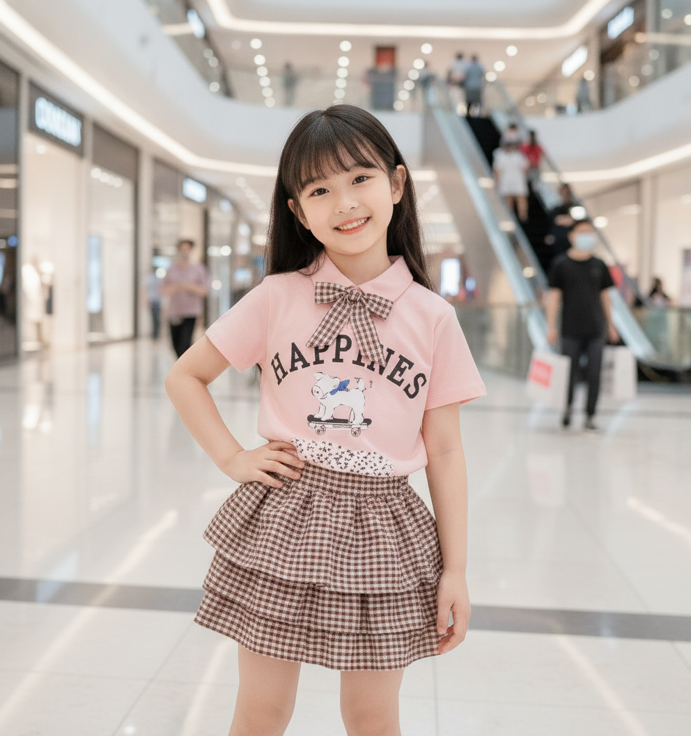 Bộ váy tầng bé gái cún nơ