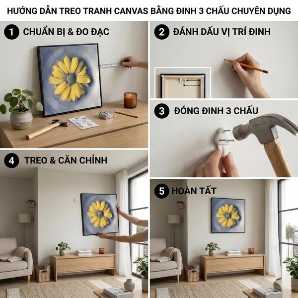 5 BƯỚC ĐƠN GIẢN ĐỂ BẠN TỰ TAY TREO BỨC TRANH CANVAS BẰNG ĐINH 3 CHẤU CHUYÊN DỤNG