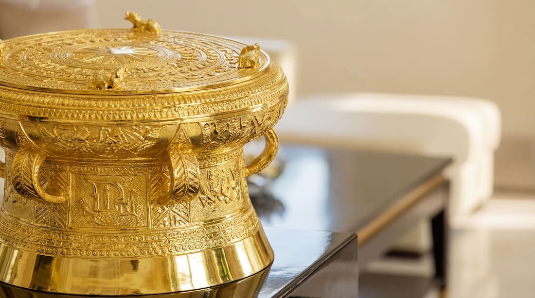 Trống đồng mạ vàng 24K Royal Gift, trống đồng lưu niệm dát vàng