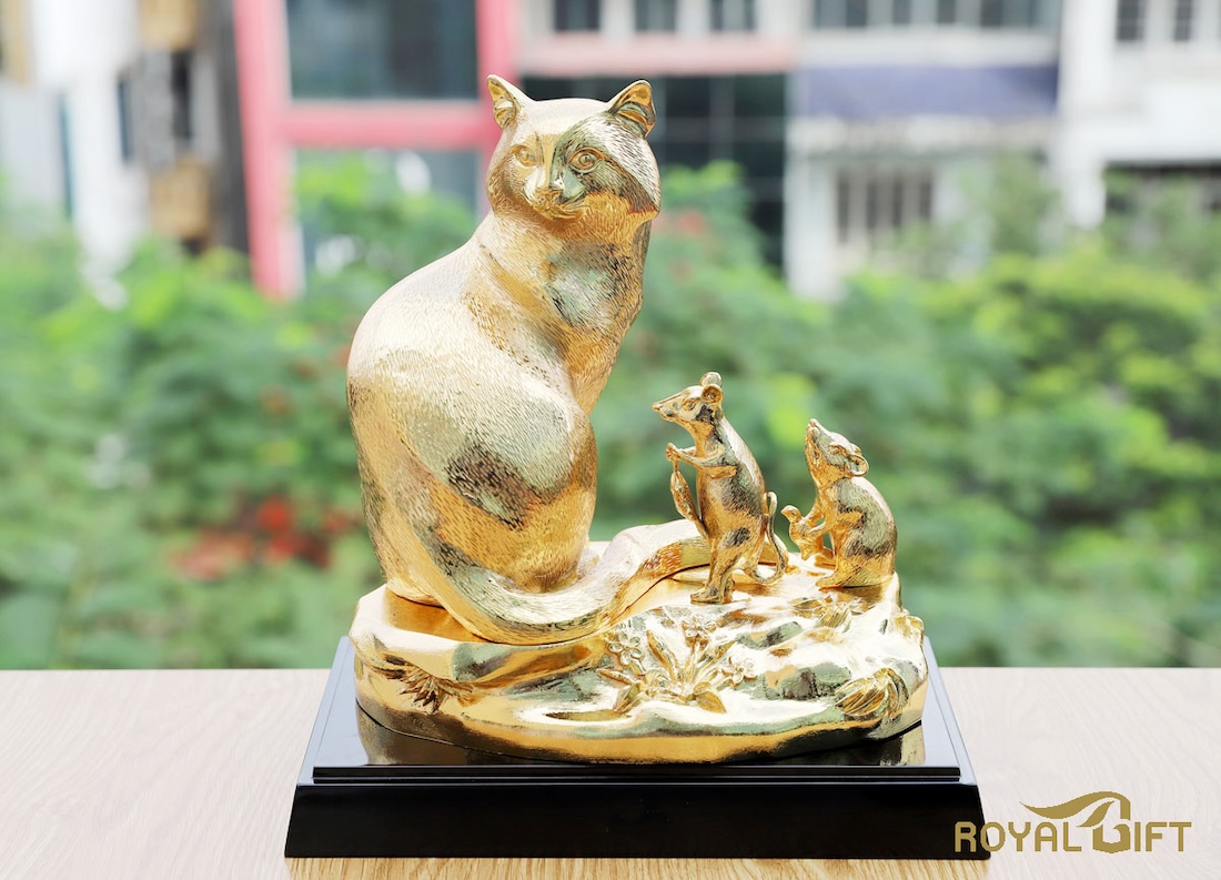 Tượng Mèo Thụ Đáo Mạ Vàng 24K