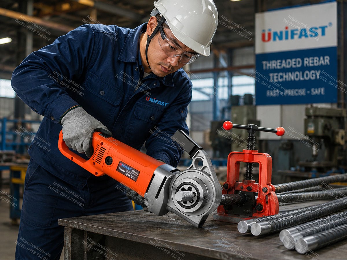 Thợ thi công dùng máy tiện ren Unifast ETM32 gia công sắt gân tại công trình