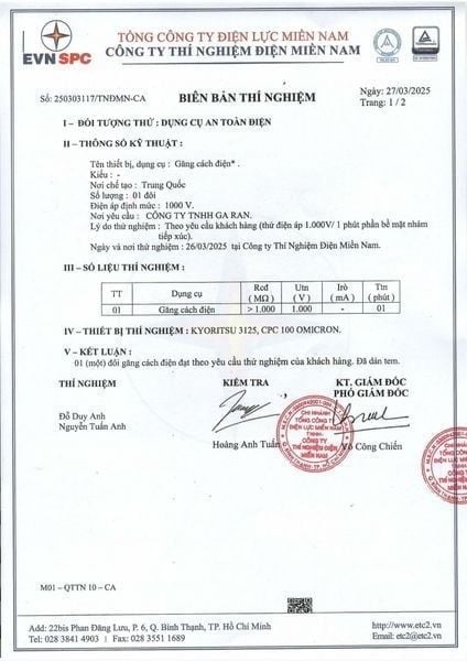 Bản test găng tay cách điện