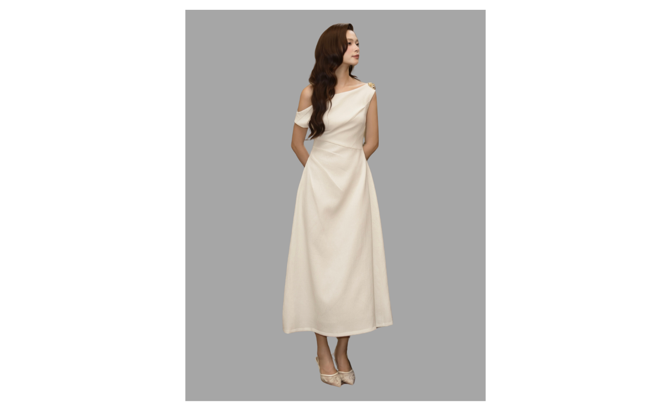 Đầm Xòe Tiệc Cotton Dài Cổ Xéo - DAH02B
