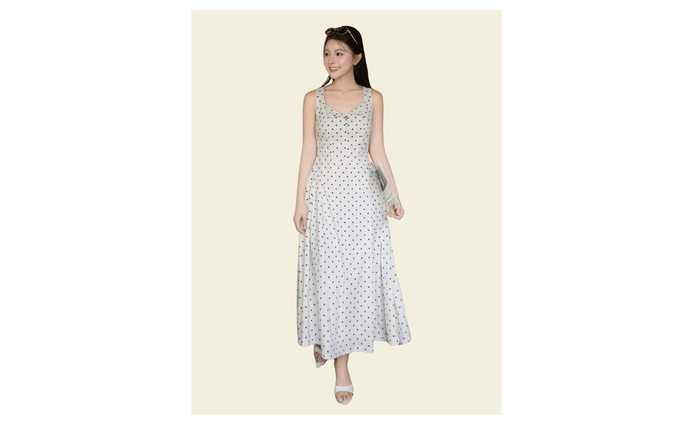 Đầm 2 dây dạo phố Linen xoè, cổ tim viền ren DAF41B