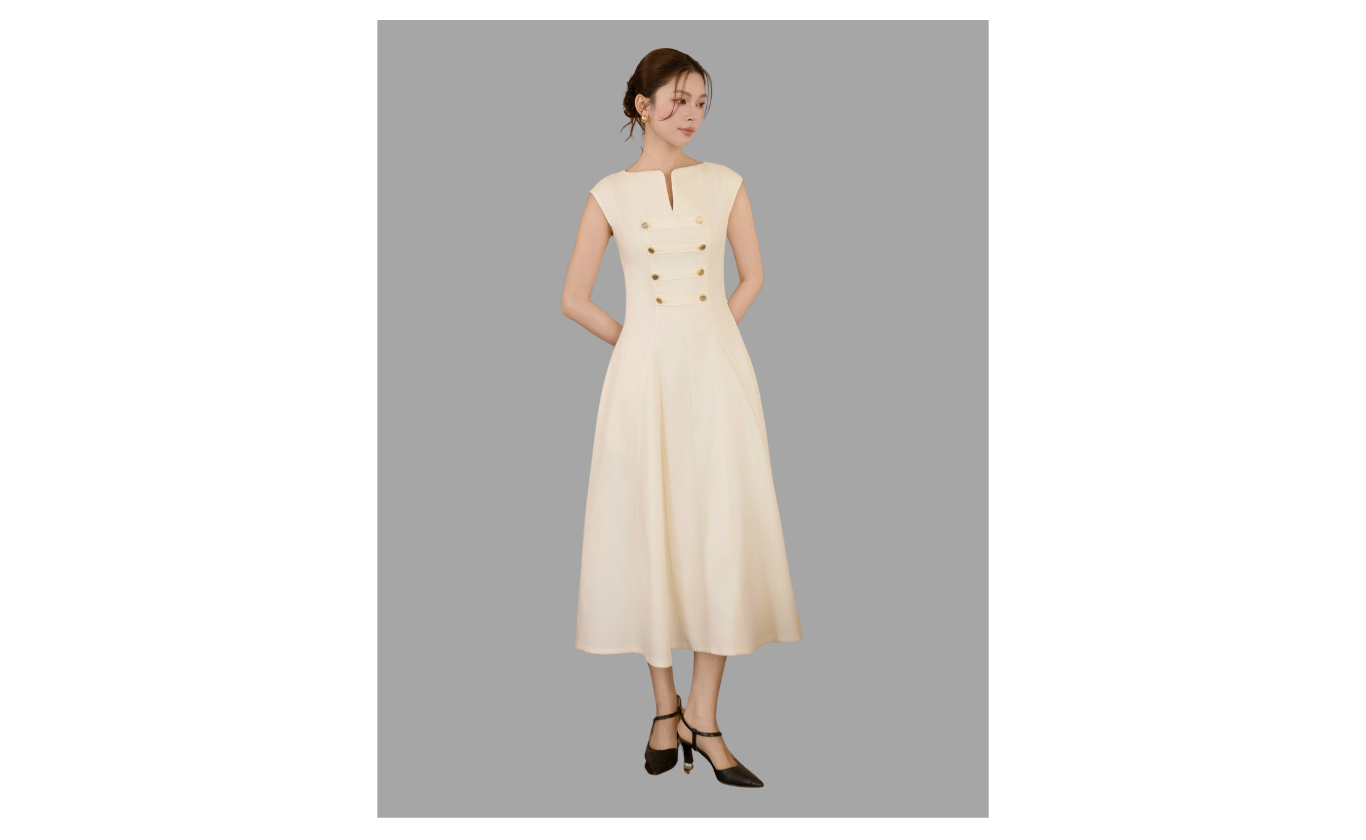 Đầm xòe công sở cotton dài dáng A xoè, cổ thuyền V DAF23B