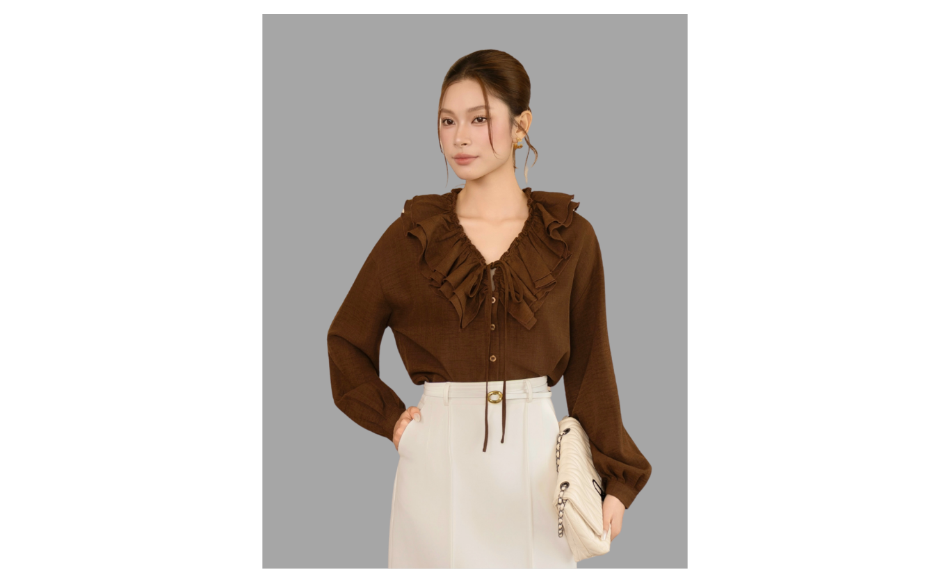 Áo kiểu công sở Linen cổ V phối bèo, tay dài AAF24T
