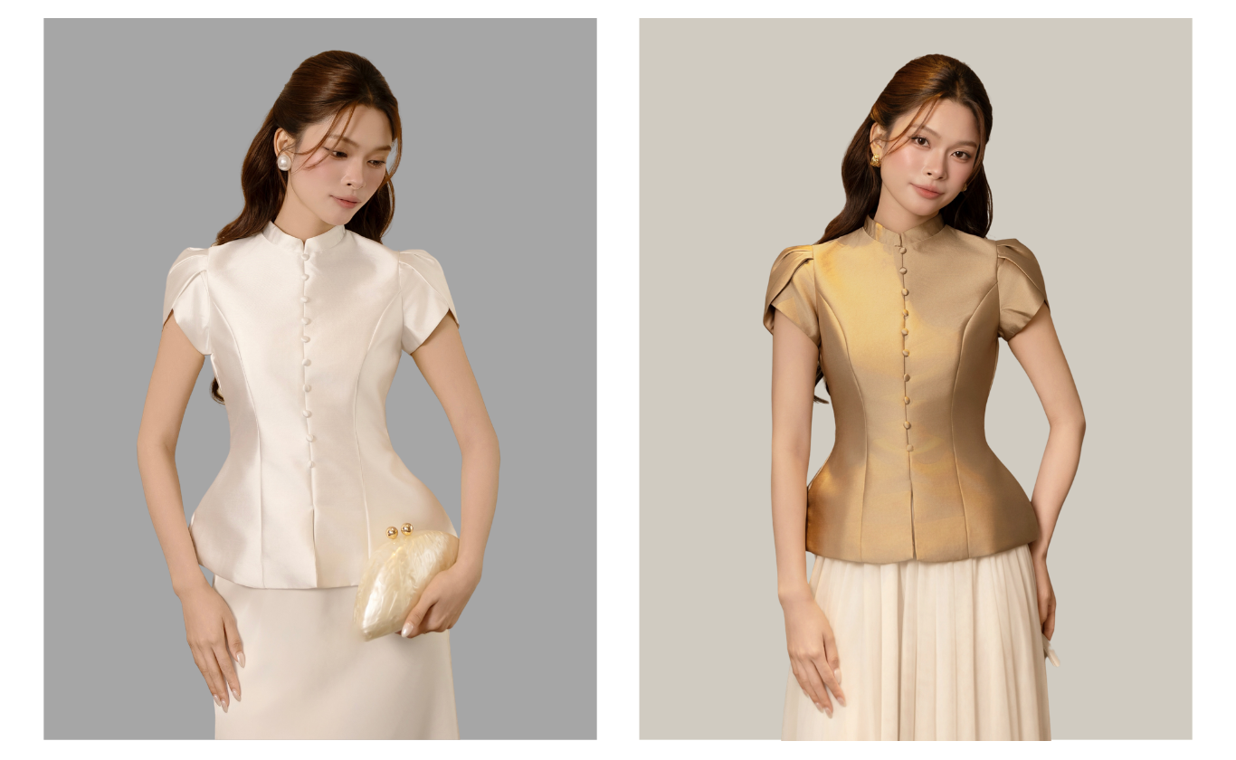 Áo kiểu tiệc Tafta cổ trụ, áo peplum, tay tulip AAF05T