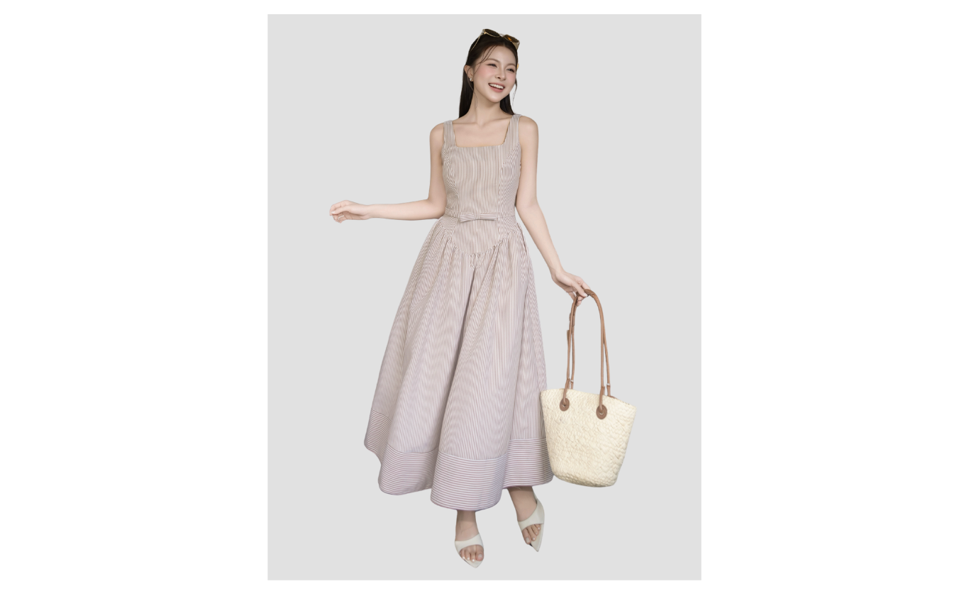 Đầm 2 dây dạo phố Linen dài sọc, cổ vuông DAF43A