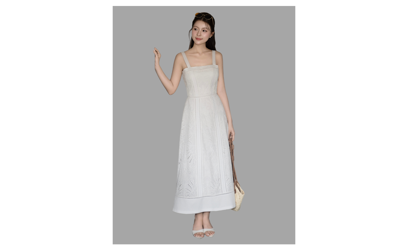 Đầm 2 dây dạo phố ren cotton xòe, cổ vuông DAF42T