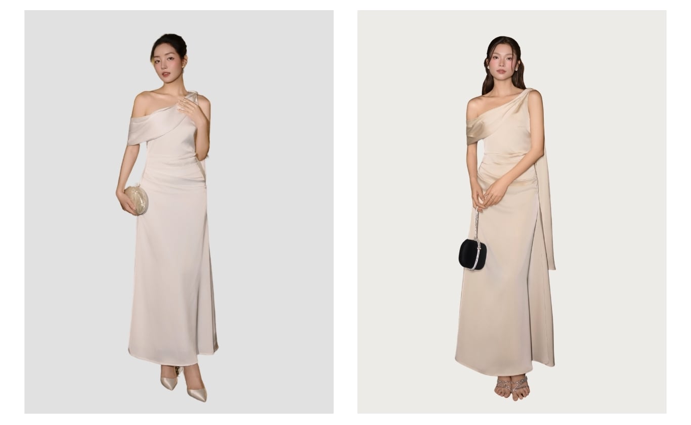 Đầm lụa tiệc dài lệch vai đuôi cá D4565B - Ảnh sản phẩm