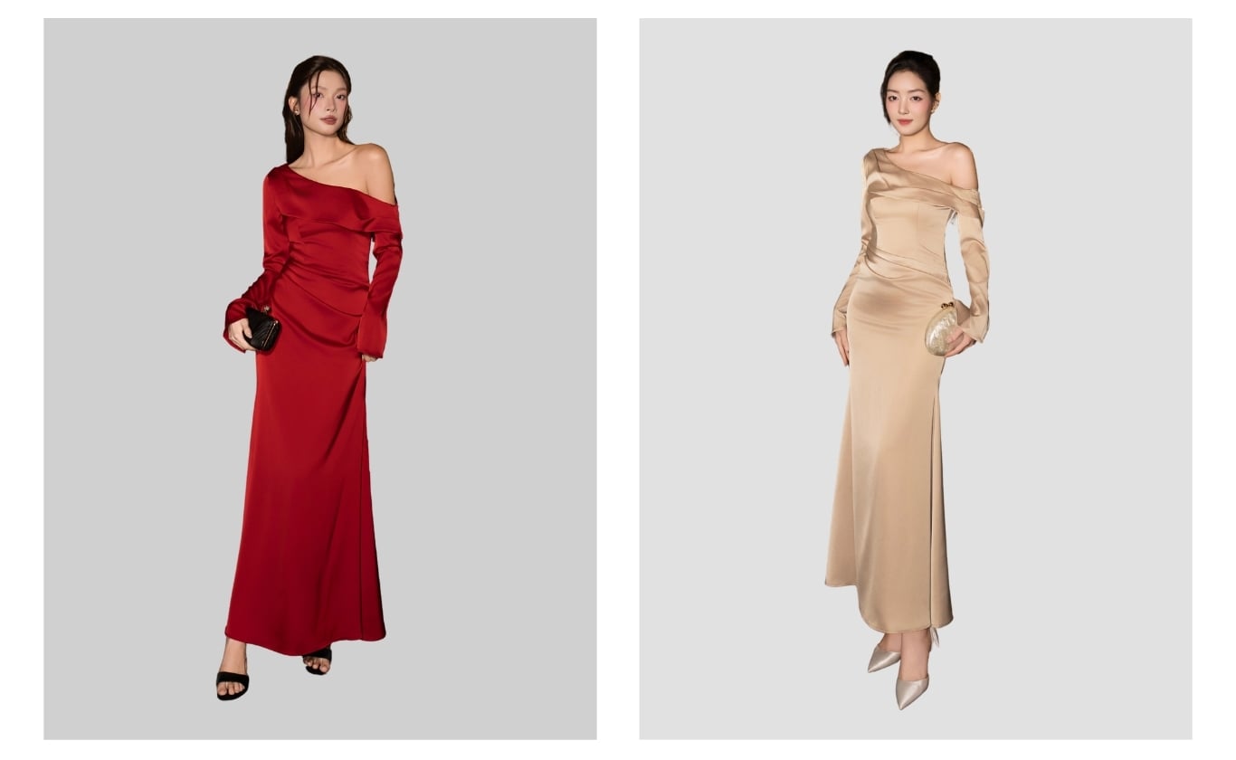 Đầm trễ vai tiệc lụa dài tay dài D4562B - Ảnh sản phẩm