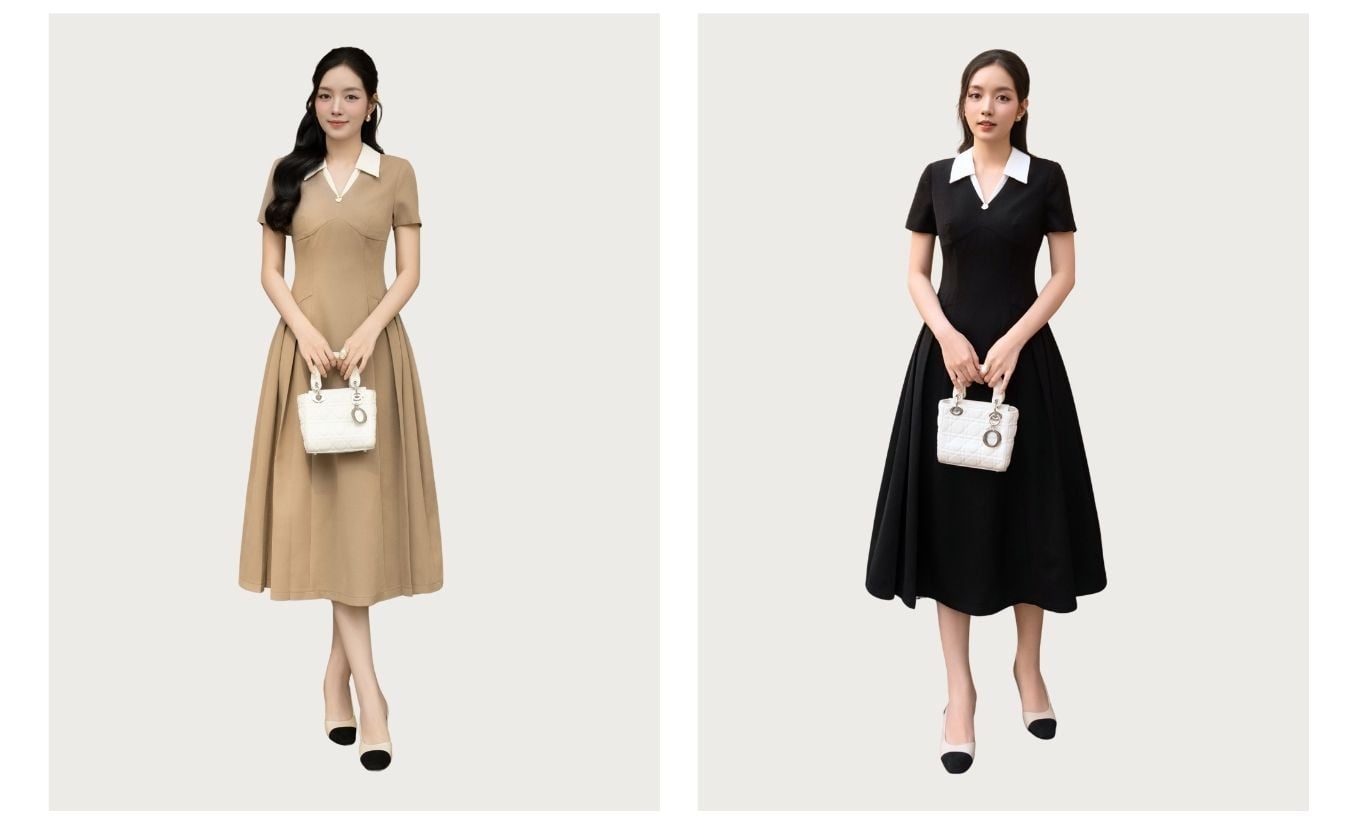 Đầm xòe công sở cotton dài cổ V DAB21A - Ảnh sản phẩm