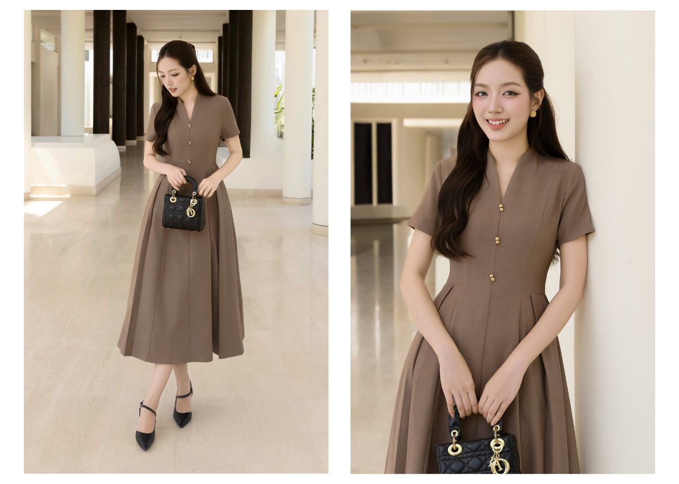 Đầm xòe công sở cotton dài cổ V DAE22A