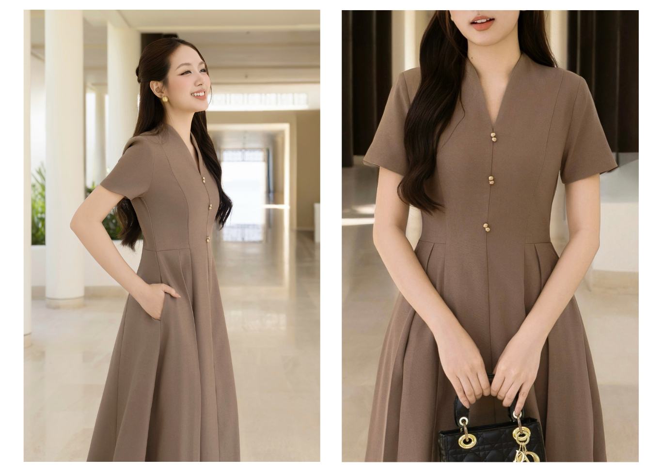 Đầm xòe công sở cotton dài cổ V DAE22A