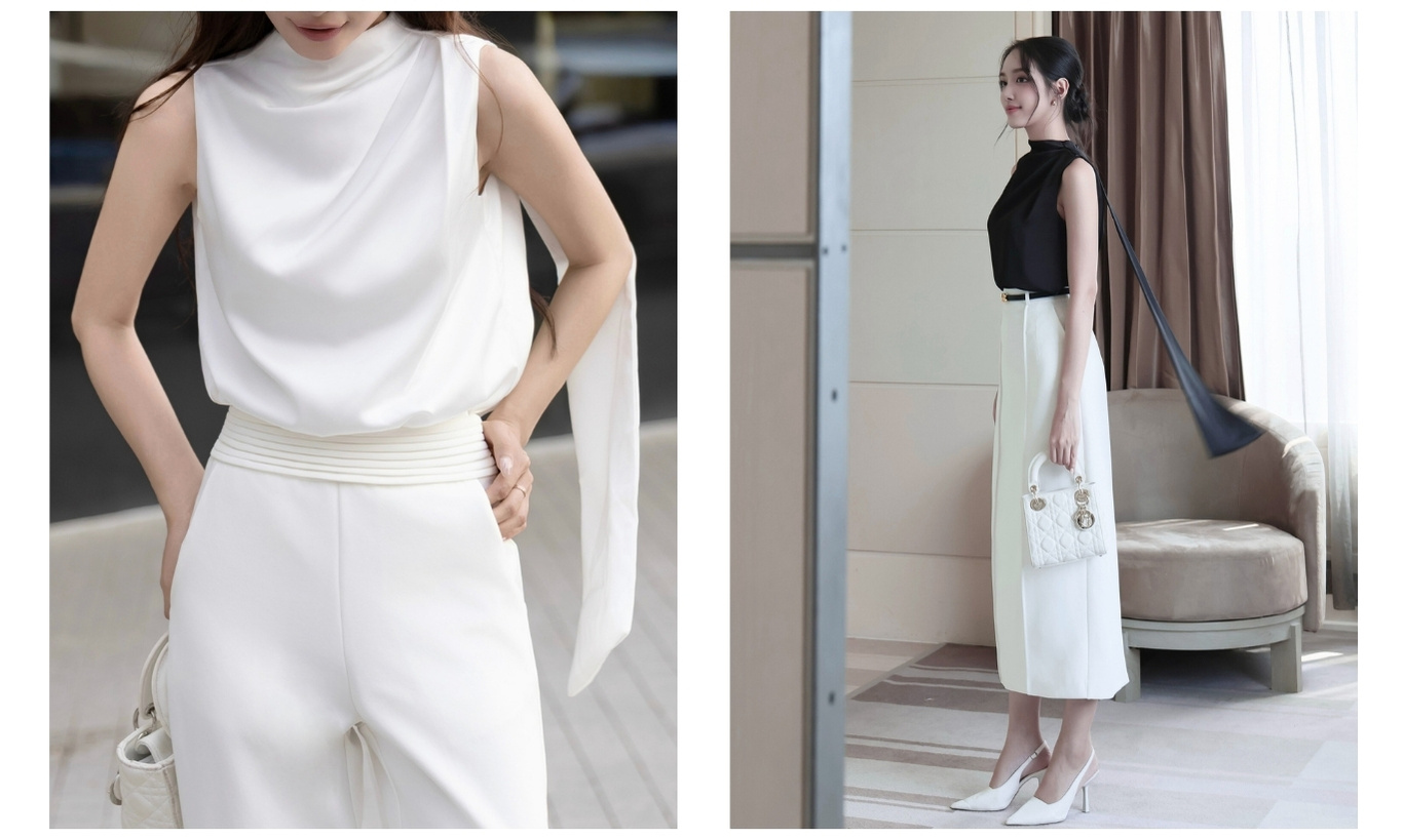 Áo kiểu lụa cổ tròn tà xéo A4308B - Ảnh lookbook