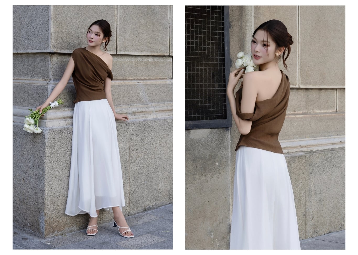 Áo kiểu dạo phố cotton xoắn vai AAA45T - Ảnh lookbook