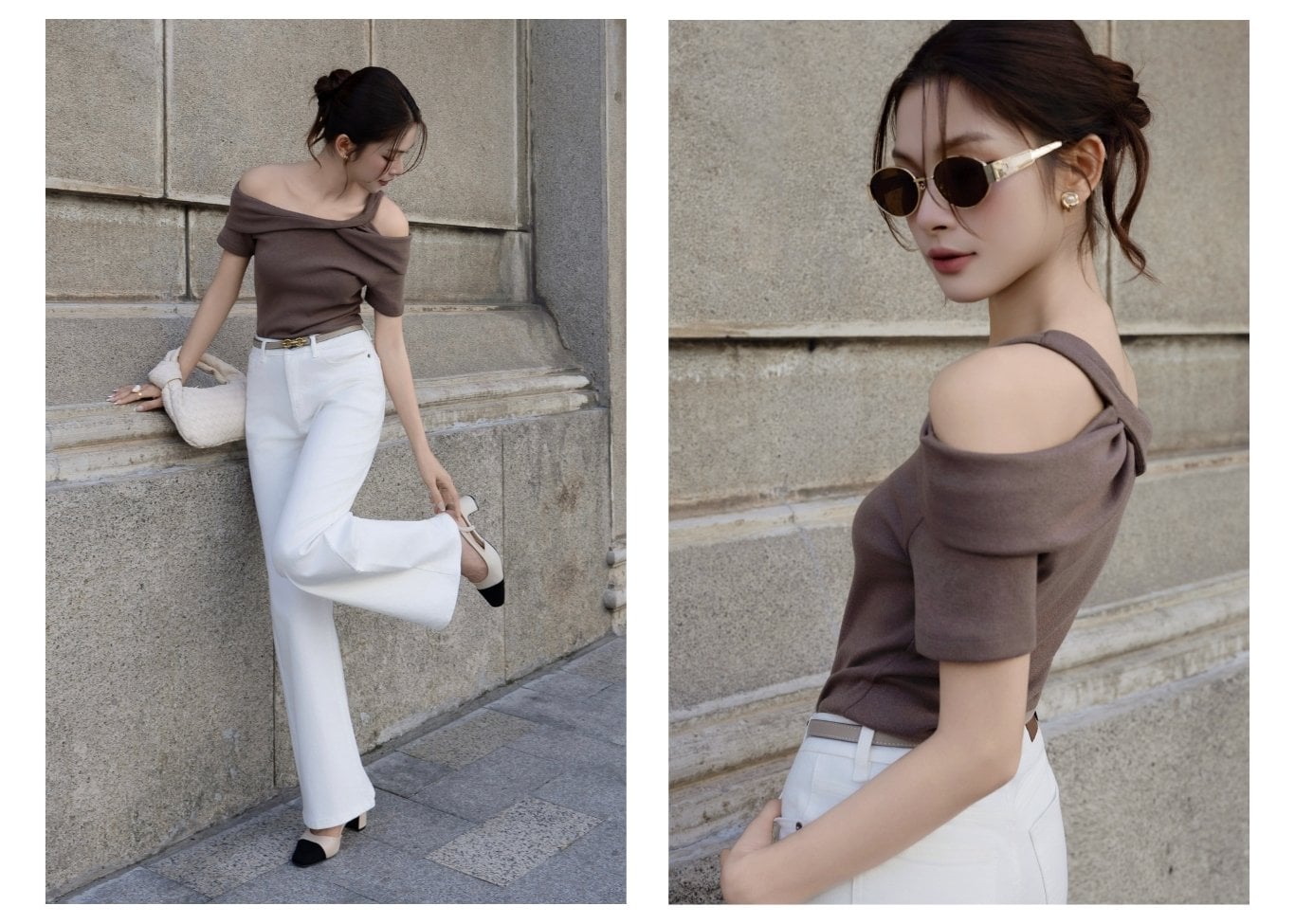 Áo kiểu dạo phố thun gân trễ vai AAA43B - Ảnh lookbook