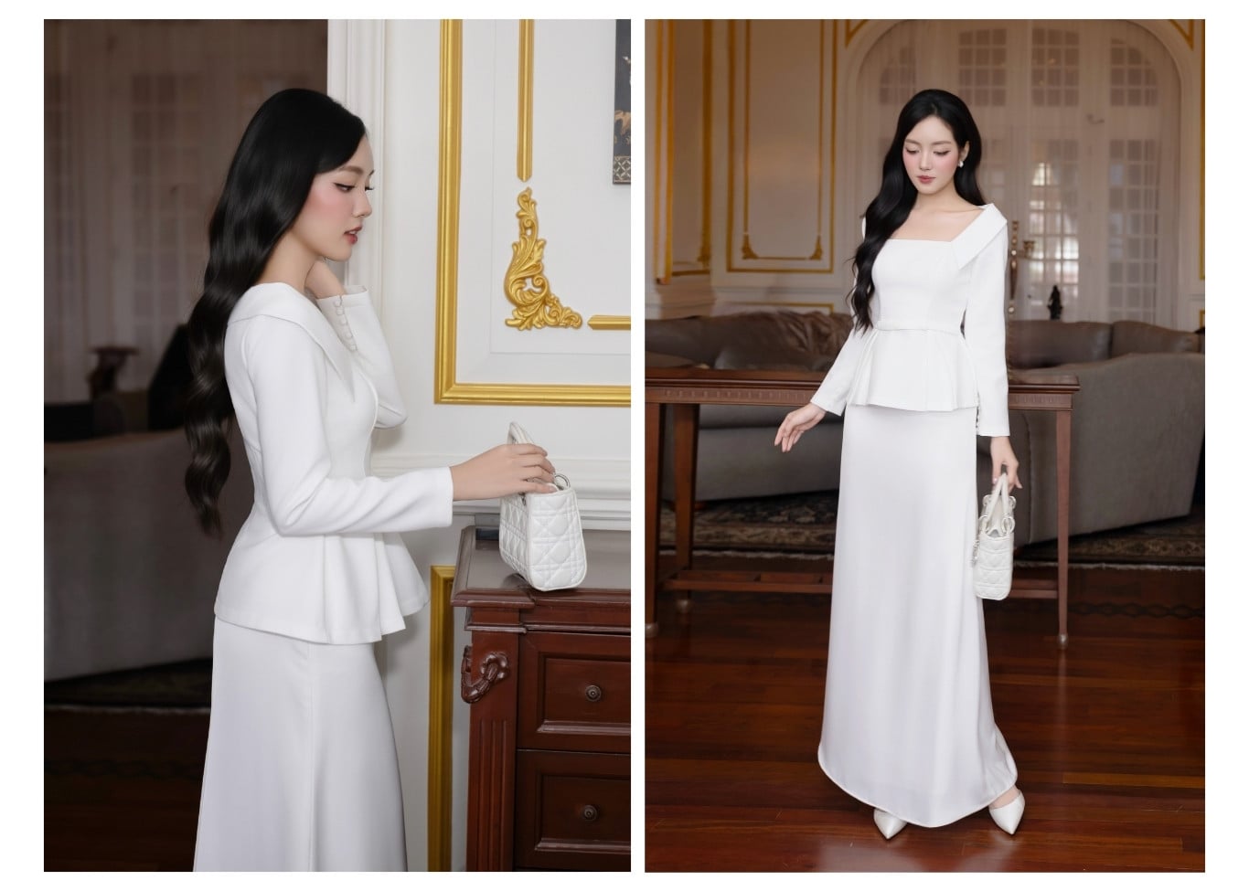 Áo kiểu tiệc tay dài eo phối nơ A4586B - Ảnh lookbook