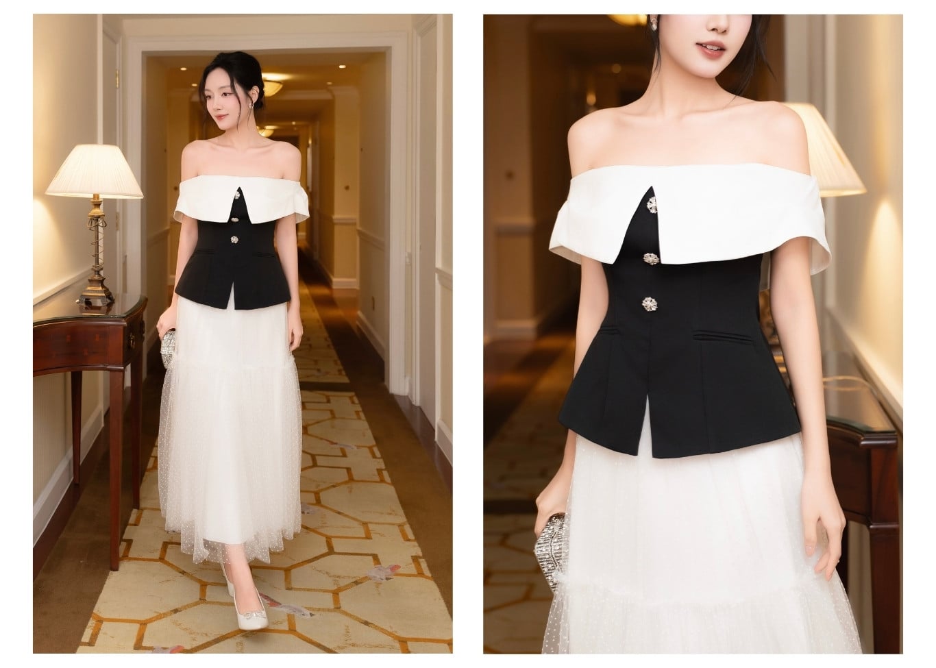 Áo kiểu trễ vai phối vạt trắng A4024A - Ảnh lookbook